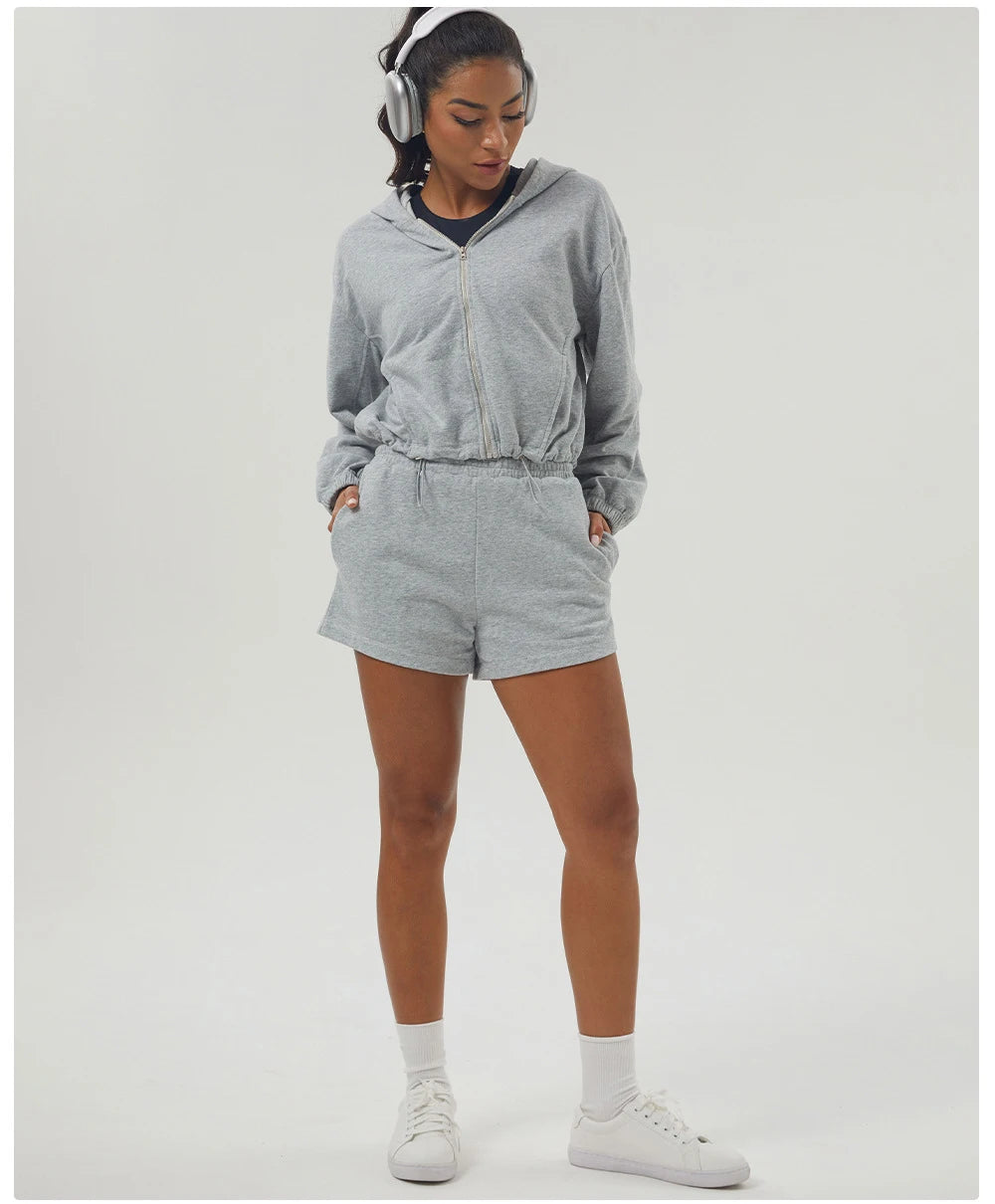 Women's Gym Running Suit Breathable Two Pieces Fitness Yoga Set Long Sleeve Hoodie Shorts Workout Sportswear