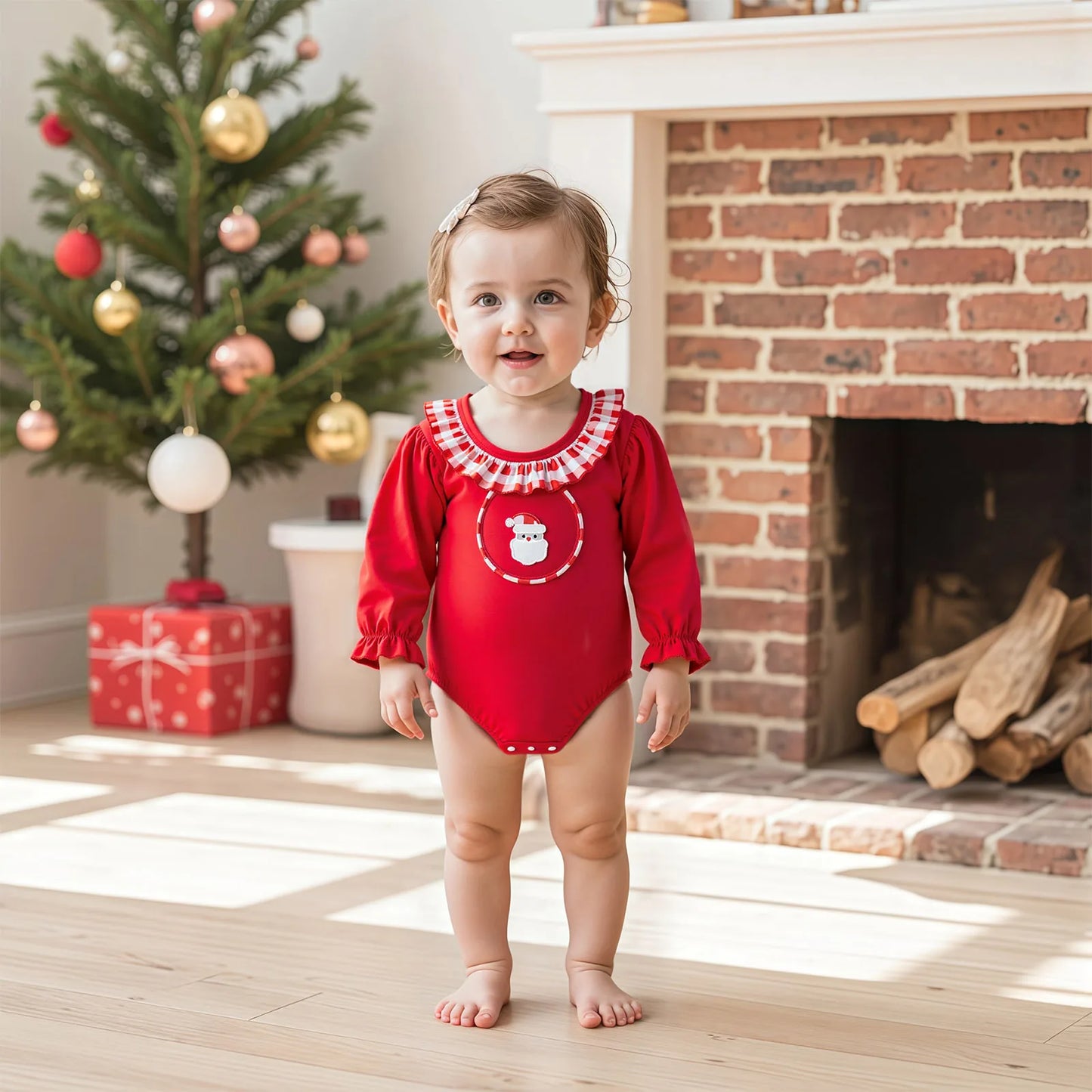 Baby Girls Christmas Santa Claus Embroidered Romper (0-18M)
