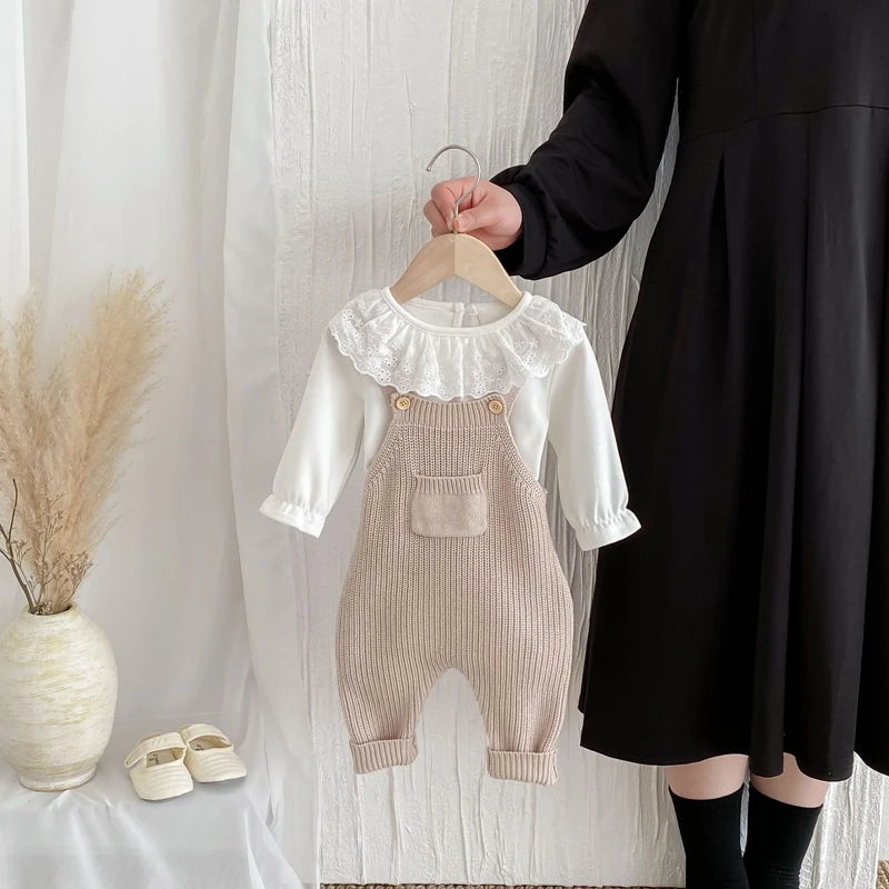 0-3Y Baby Boys Girls Overalls Jumpsuits Sleeveless Front Pocket Solid Colour Knitted Romper Outfit