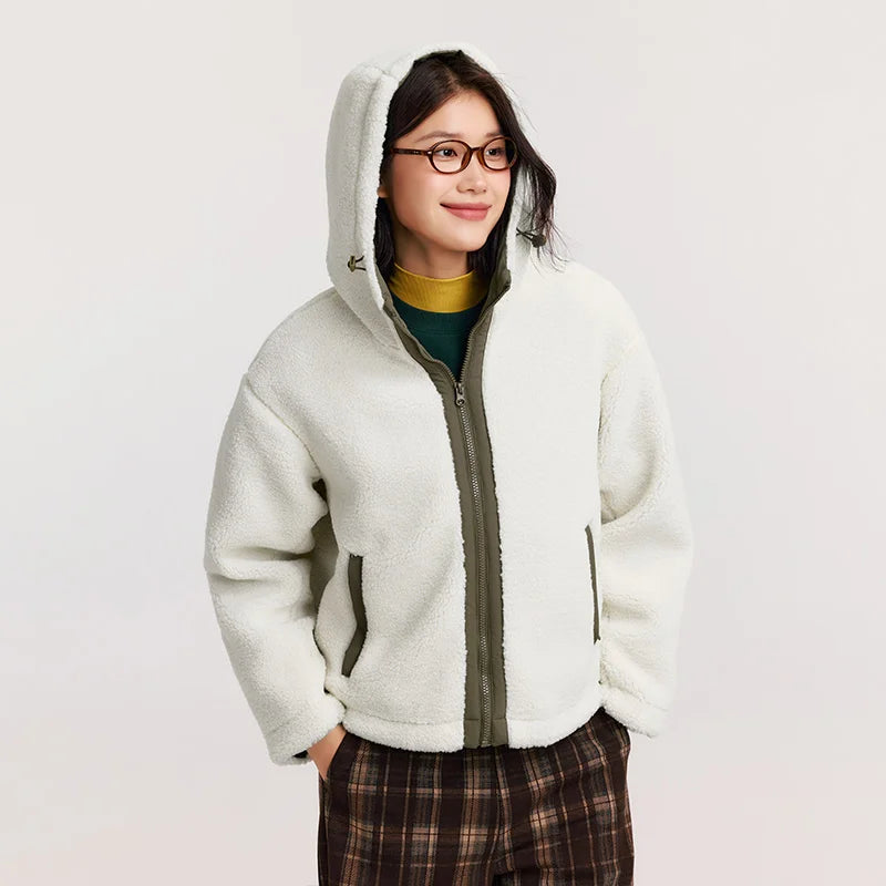 Women's Anti-Static Faux Sherpa Hooded Jacket - Loose Fit Color Block Winter Coat