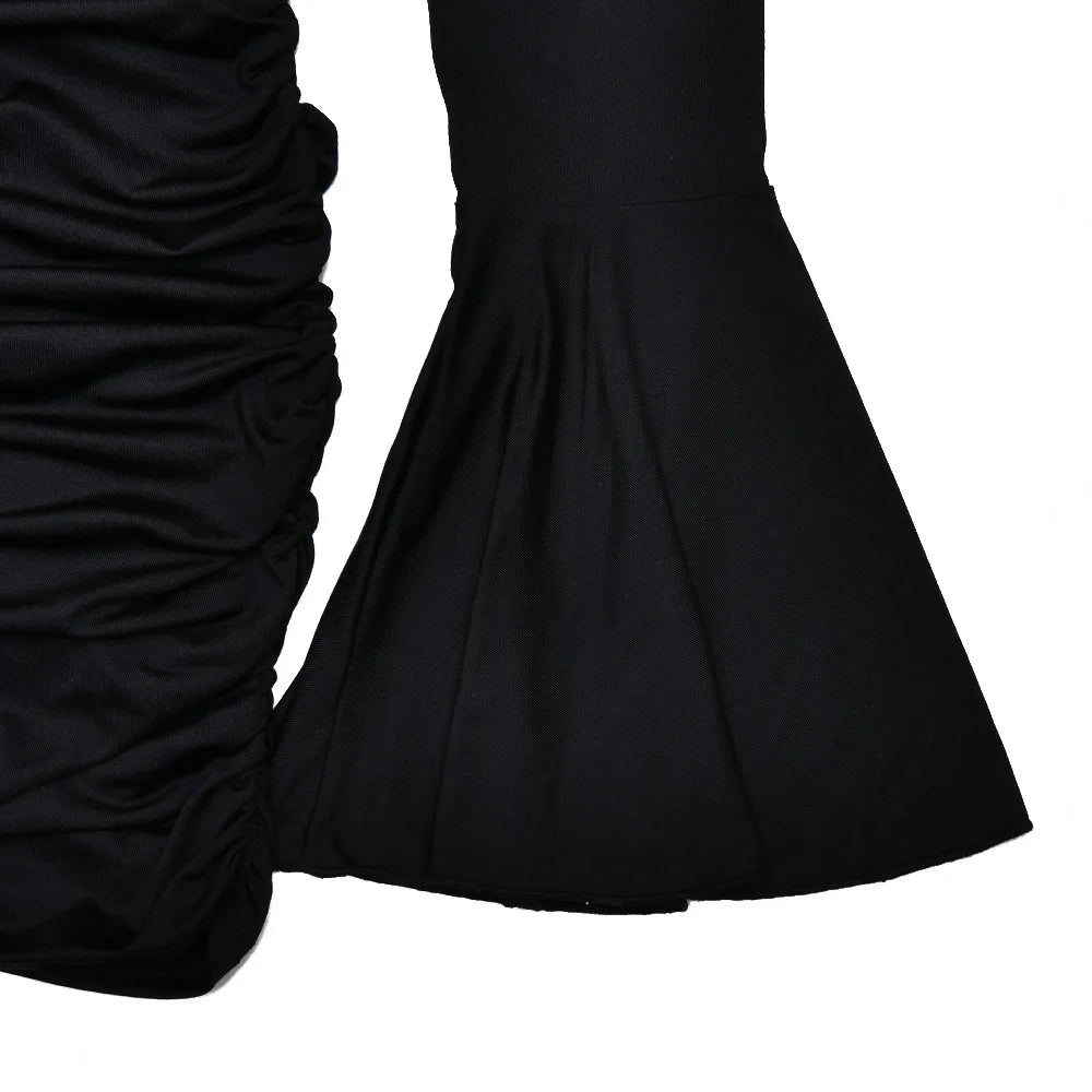 Women's Off Shoulder Floral Applique Mini Dress - Ruched Flare Sleeve Backless Dress