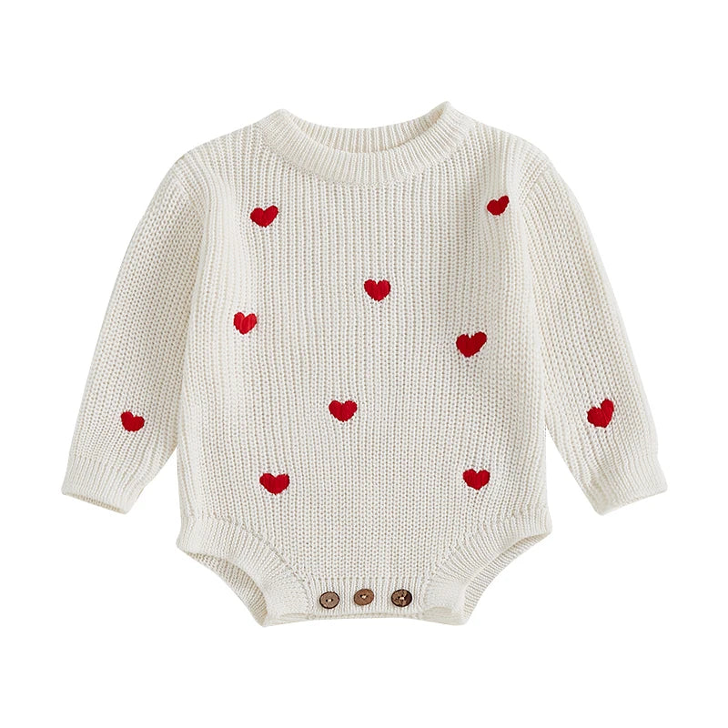 Newborn Baby Girl's Sweater Romper - Heart Knit Long Sleeve Jumpsuit for Valentine's