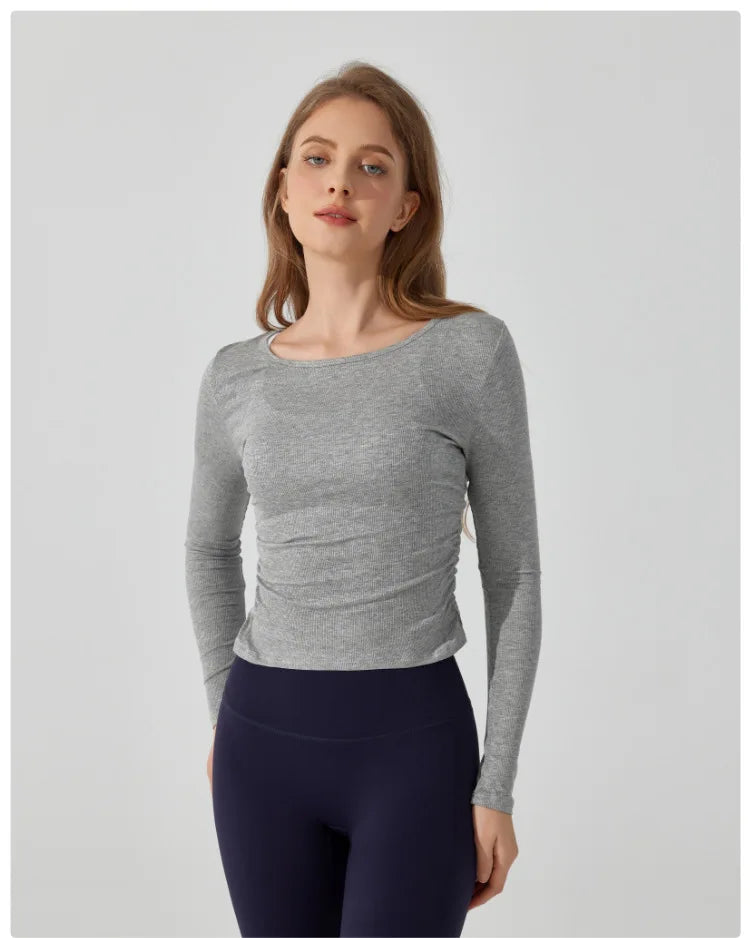 Women's Long Sleeve Yoga Shirt Slim Fit Gym Top Breathable Ribbed Gym Running Top Workout Sportswear