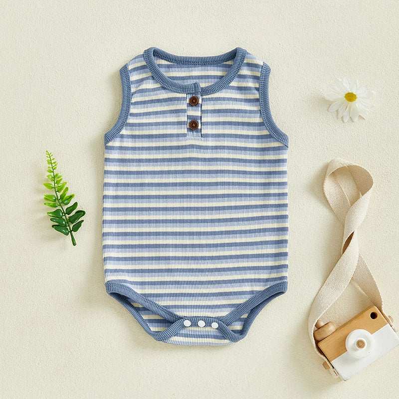 0-18M Baby Girls Boys Rompers Stripe Print Sleeveless Buttons Round Neck Summer Bodysuits Jumpsuit