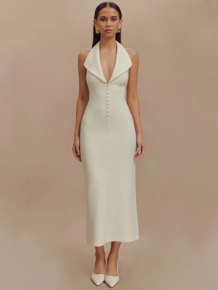 Women's Halter Deep V Neck Sleeveless Maxi Elegant Backless Bodycon Tank Long Dress