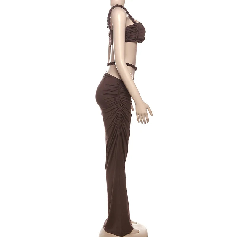 Women's Ruched Bandage 2 Piece Set Backless Decorative Cord Top and Skirt Dress Set