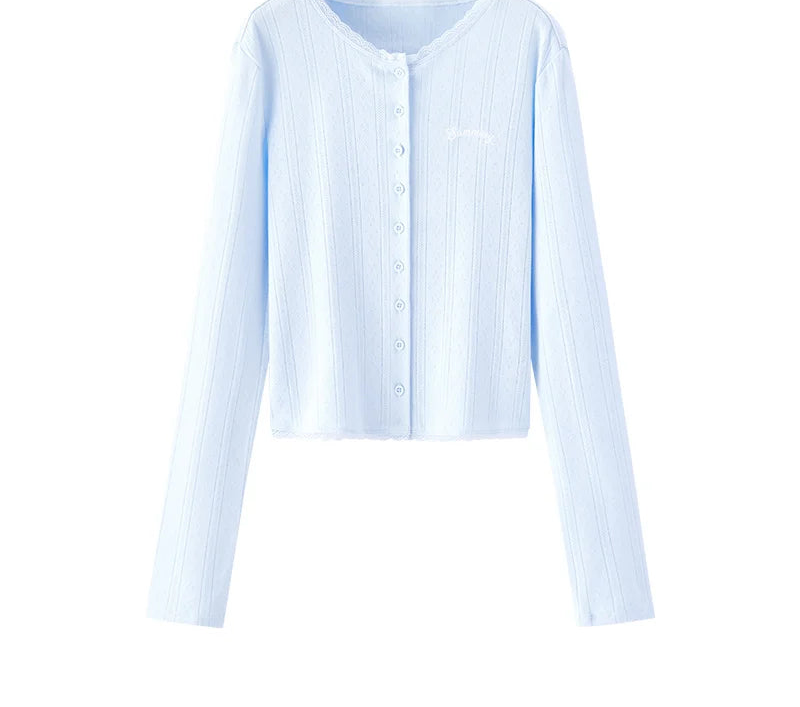 Women's Cropped Slim Fit Cardigan - Cotton Jacquard Embroidered Lace Trim