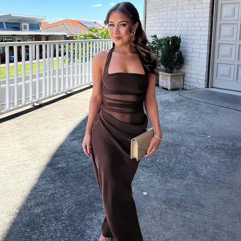 Women's Elegant Halter Mesh Sheer Cut Out Maxi Dress - Party Long Dress Outfit Asymmetrical Ruched Gown Summer Dress