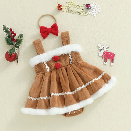 Baby Girls Princess Christmas Romper Dress with Bow Headband - Gingerbread Design