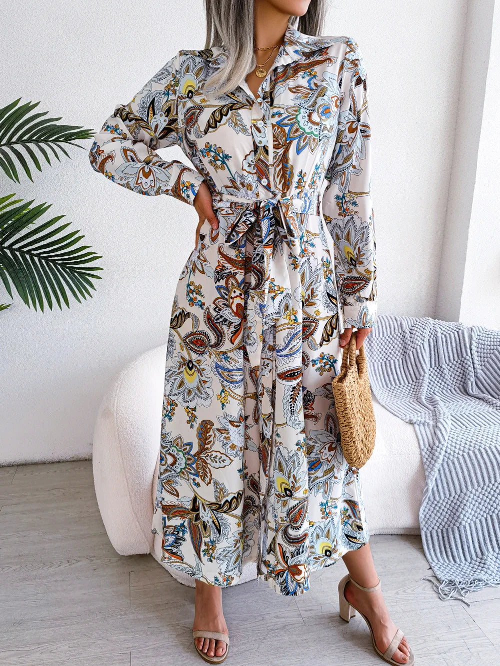 Women'S Spring Summer Retro Floral Collar Long Sleeve Tie Up Shirt Dress
