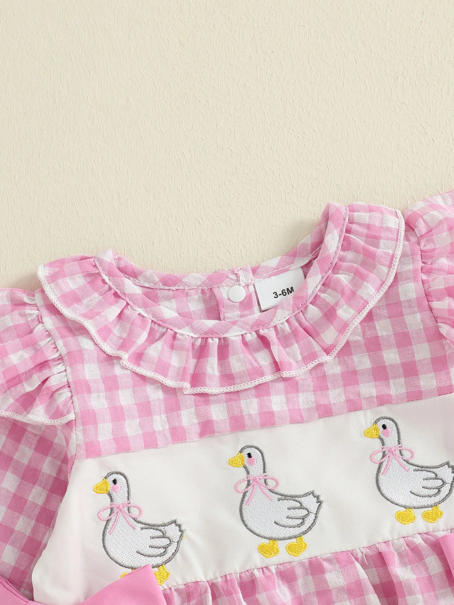 Baby Girls Plaid Bubble Romper - Duck Embroidery Long Sleeve Jumpsuit (0-18M)