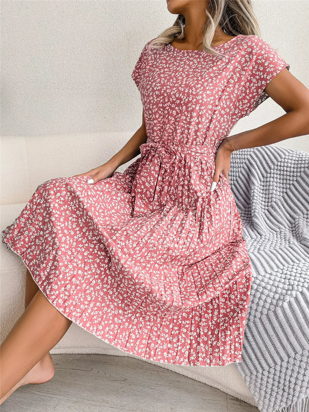 Women's Floral Pleated A Line Long Spring Summer Short Sleeve High Waist Chic Dress