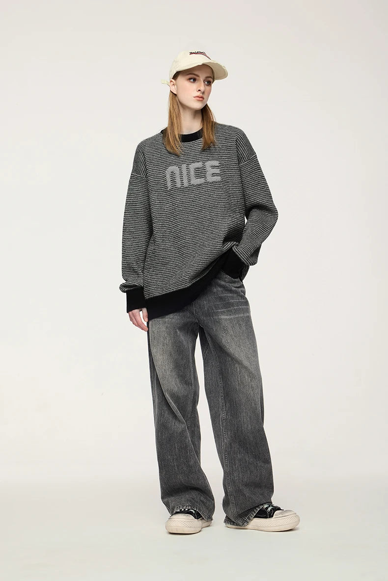 Unisex Letter Print Loose Knit Pullover Sweater