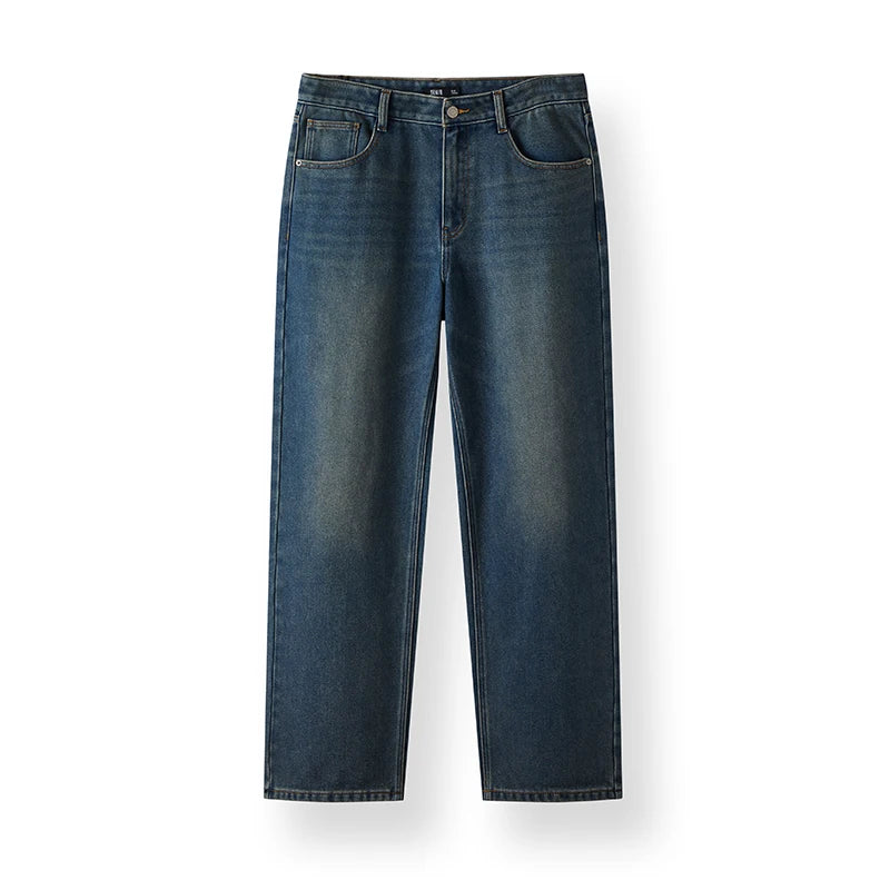 Vintage Washed Whiskered Loose Fit Straight Leg Jeans - Men's Classic Casual Denim