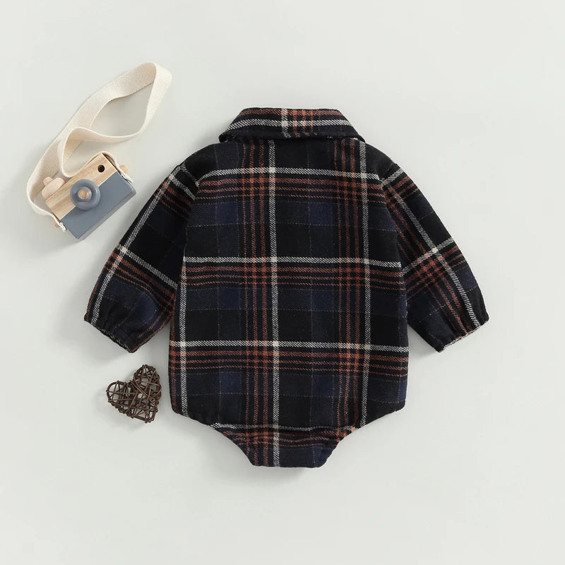 0-24M Infant Baby Boys Gentlemen Romper - Long Sleeve Turn Down Collar Plaid Printed Jumpsuit
