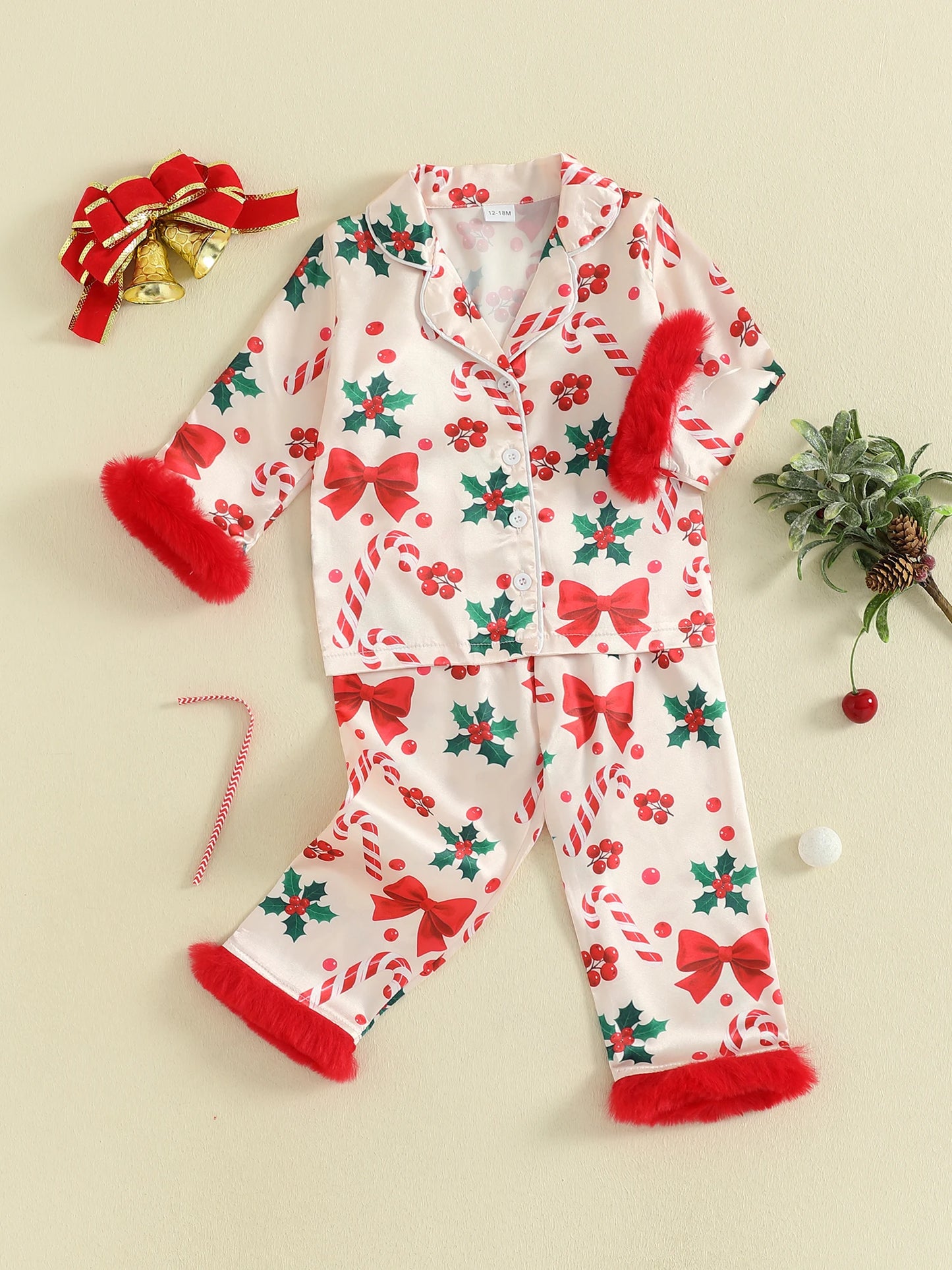 Kids Girls Christmas Satin Pyjamas Set - Candy Cane Bow Print Button Down Top & Pants (0-7Y)