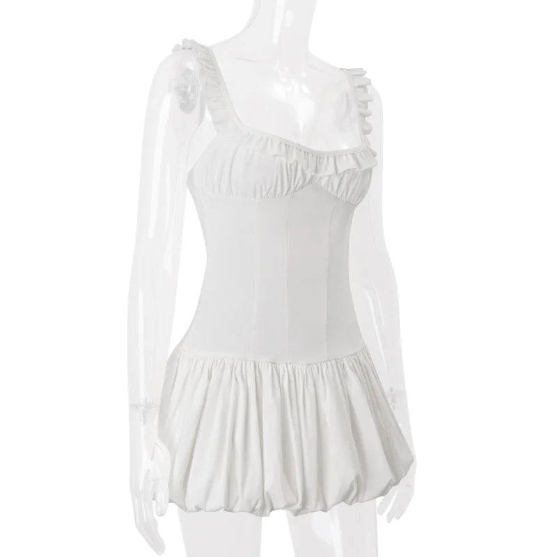 Women's White A-Line Mini Ball Gown - Backless Pleated Summer Party Dress