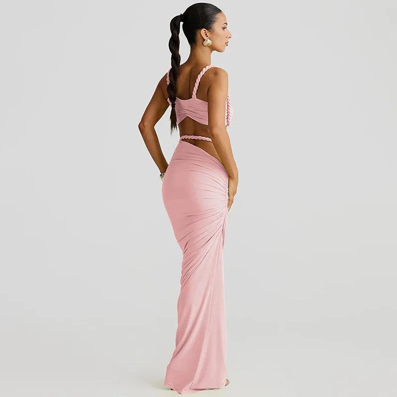 Women's Ruched Bandage 2 Piece Set Backless Decorative Cord Top and Skirt Dress Set