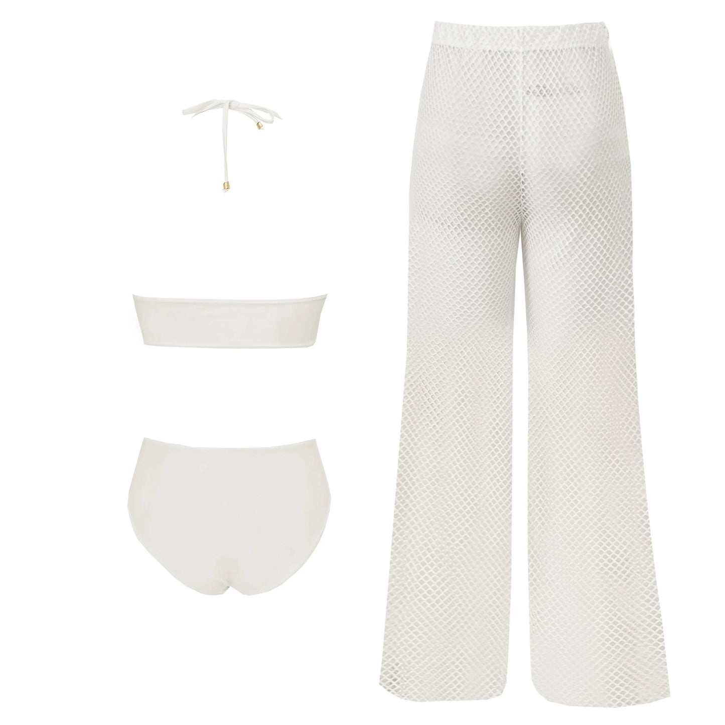 White Lace Three-Piece Bikini Set with Wide Leg Cover-Up Pants