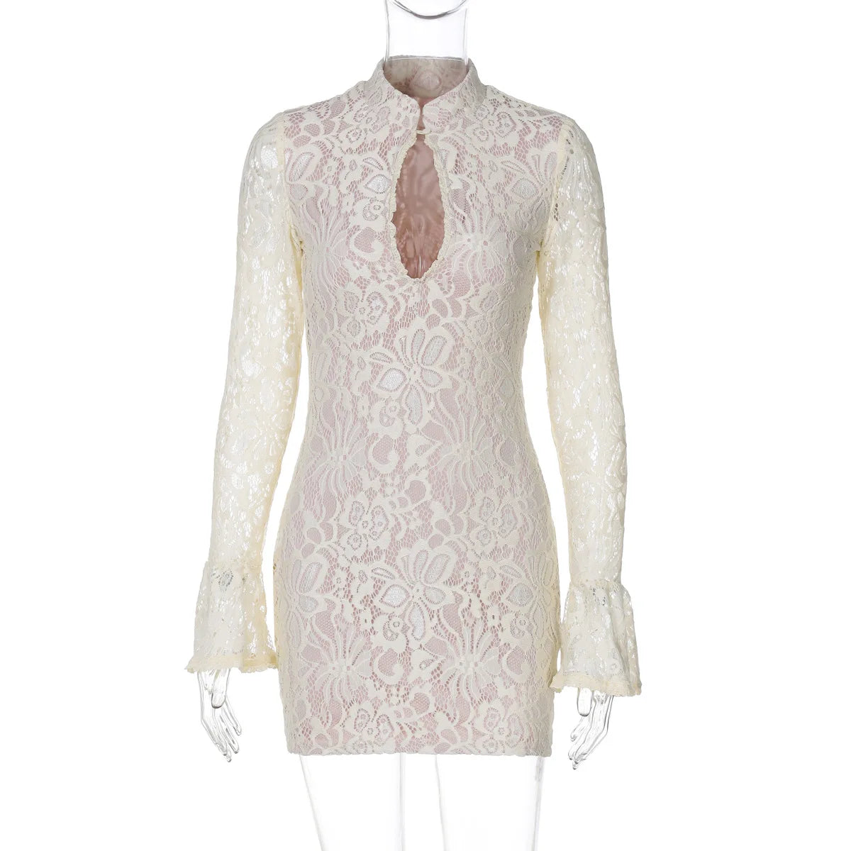Women's Lace Hollow Mini High Waist Hip Wrap Party Long Sleeve Elegant Dress