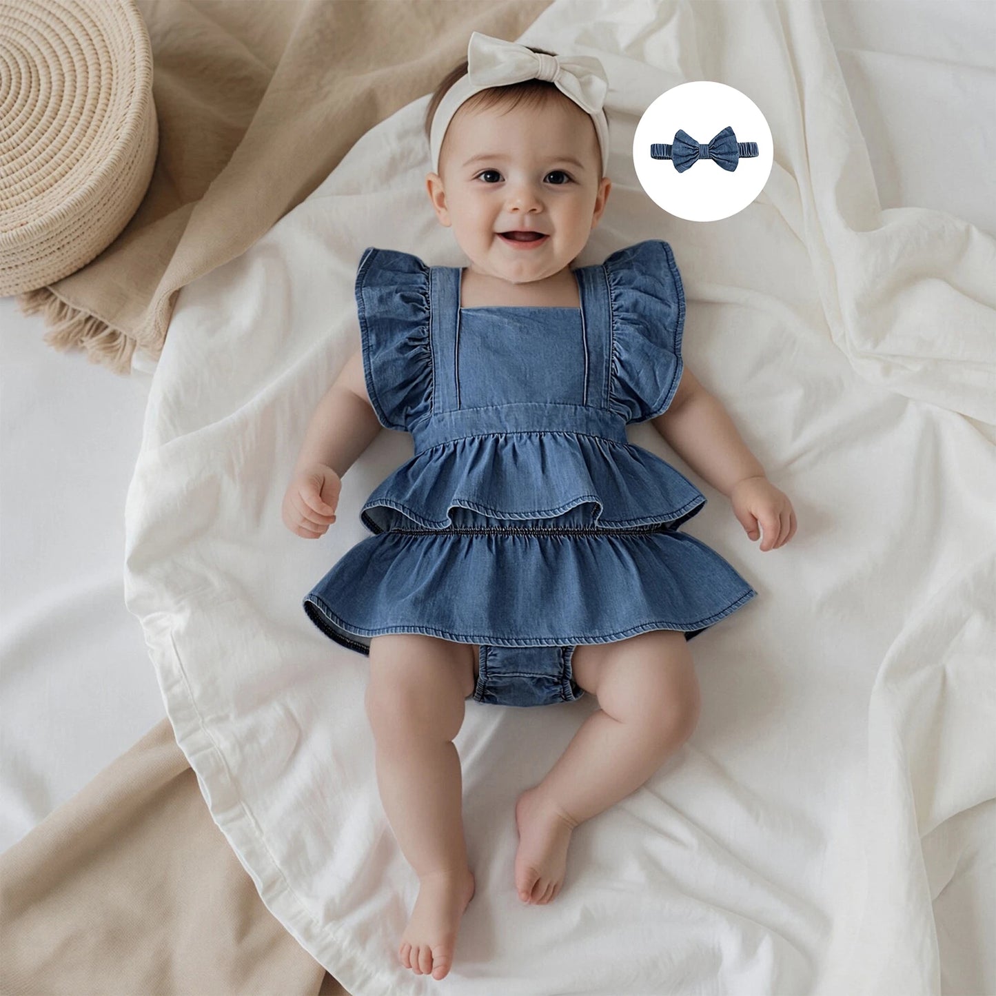 Baby Girls Denim Romper Dress Set - Ruffles Fly Sleeve Layered Jumpsuit with Bowknot Hairband