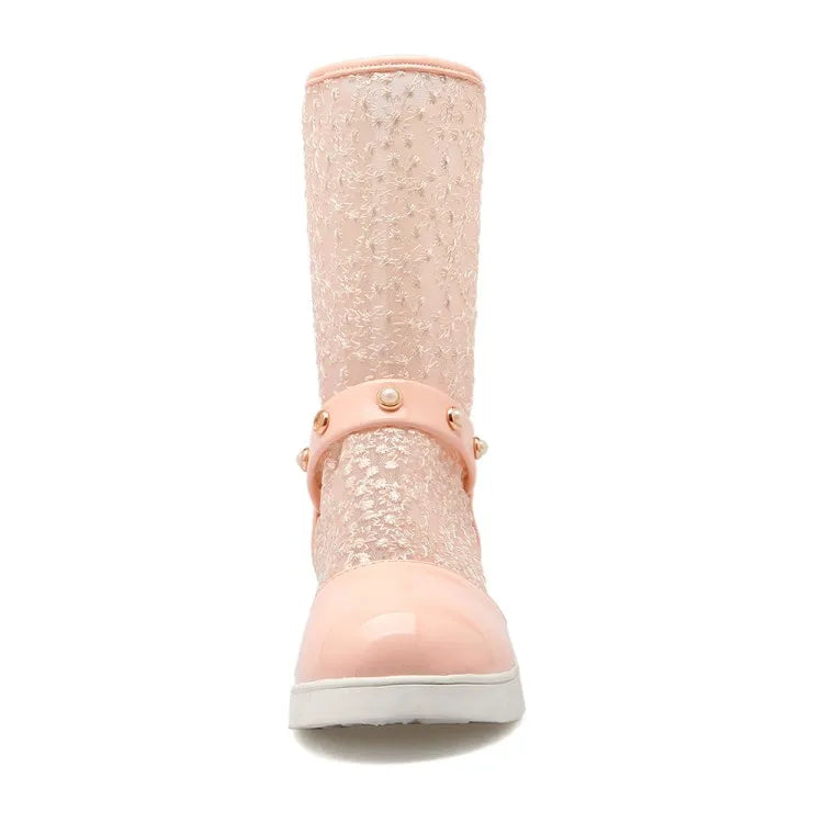 Women's Leather Splicing Mesh Pearl Metal Decoration Zipper Ankle Boots
