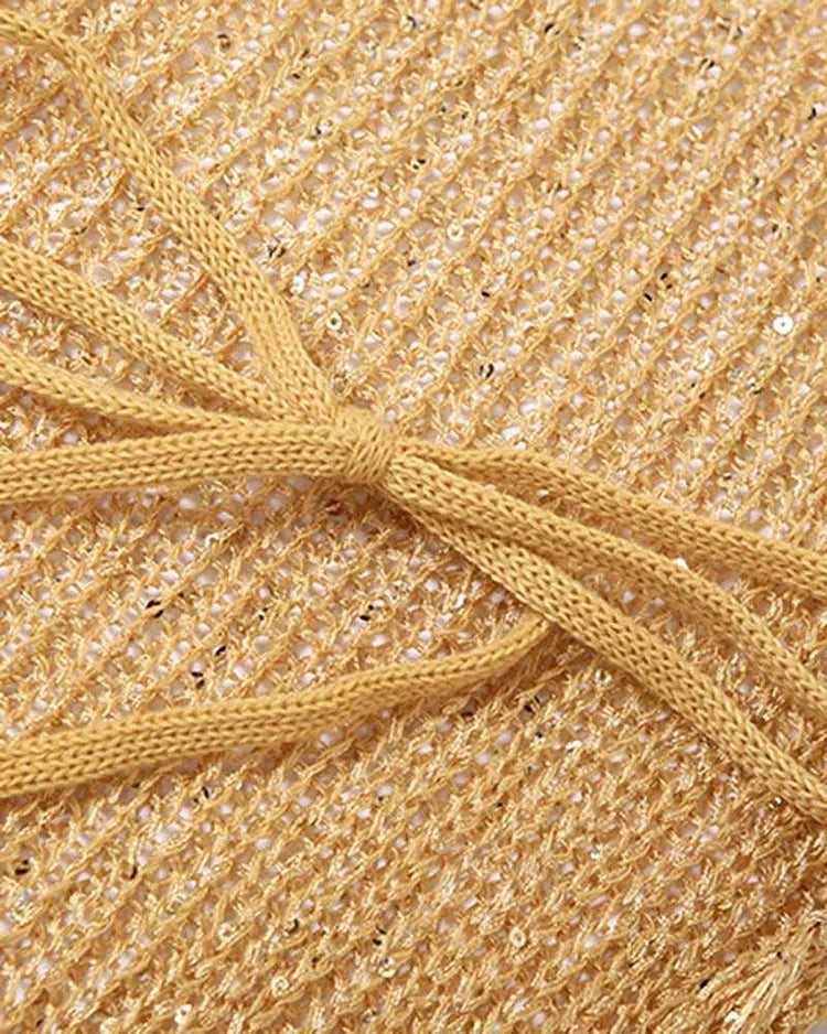 Women's Crochet Knitted 3 Piece Outfits Semi-sheer Halter Crop Top Mini Hot Shorts Set Sleeveless Cut Out Crochet Set