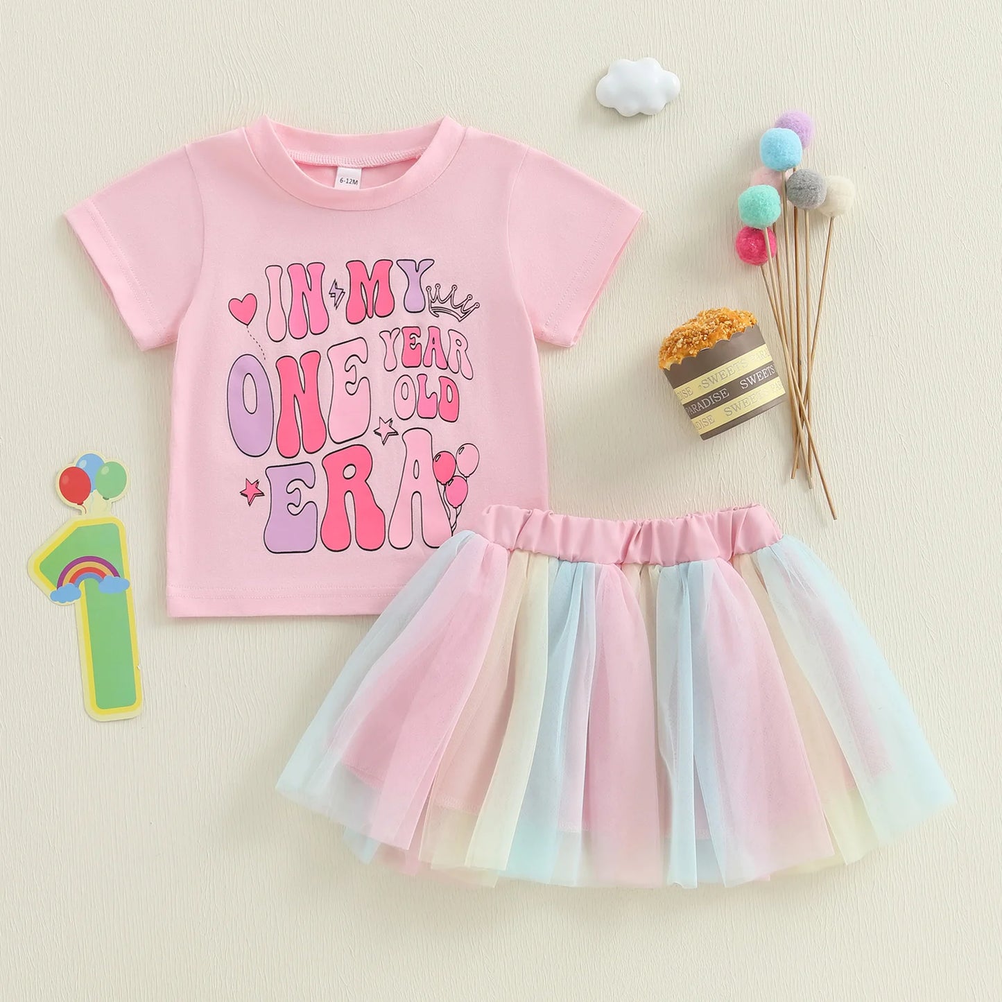 Baby Girls Birthday Clothes Sets 0-18M Short Sleeve Crown Letter Print Tops + Lace Tutu Skirt