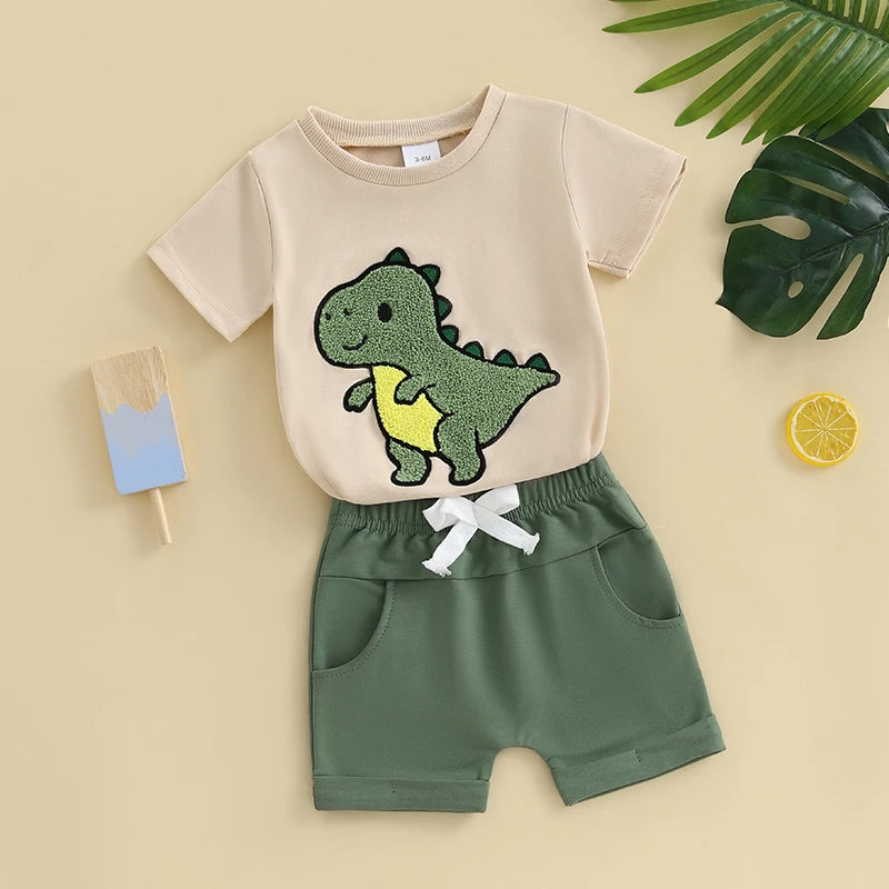 0-3Y Toddler Baby Boys Clothes Set Dinosaur Embroidery Short Sleeve T-shirts Solid Elastic Waist Shorts