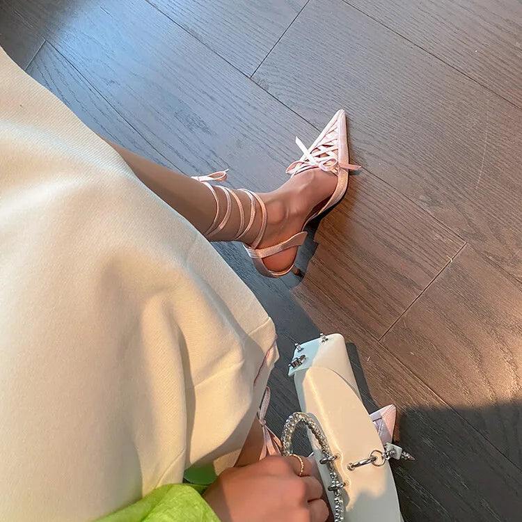 Women's Satin High Heel Sandals Strap 7cm Heel Sandals Bow Pointed Shoes