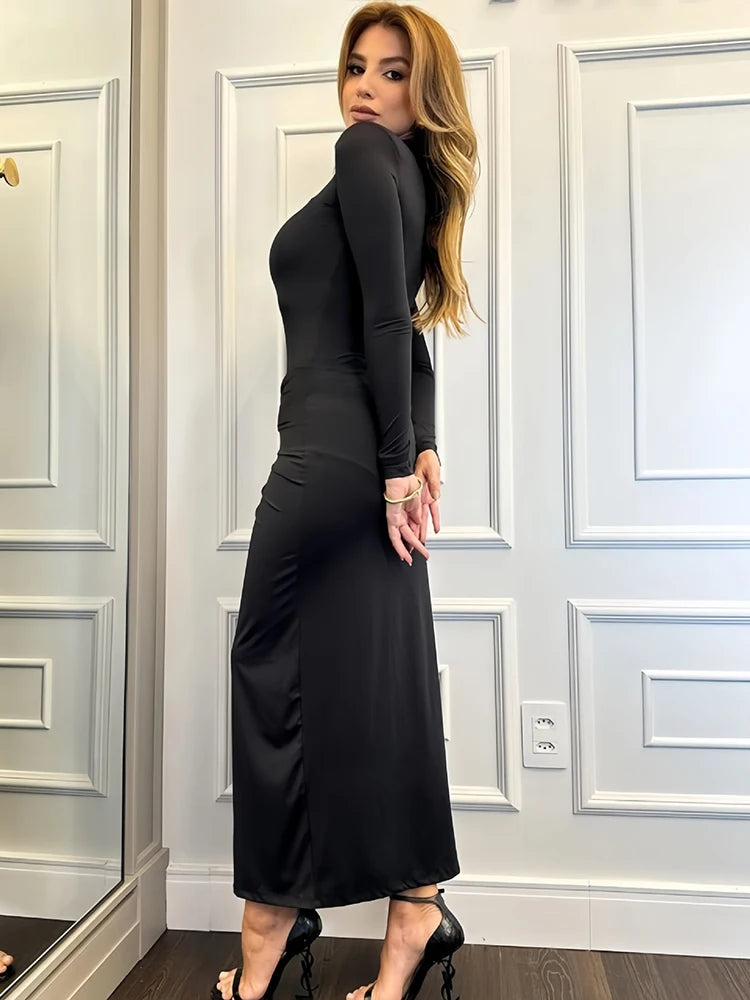 Women's Slit Ruched Long Dress - Splice Half High Collar Bodycon Long Sleeve Dress
