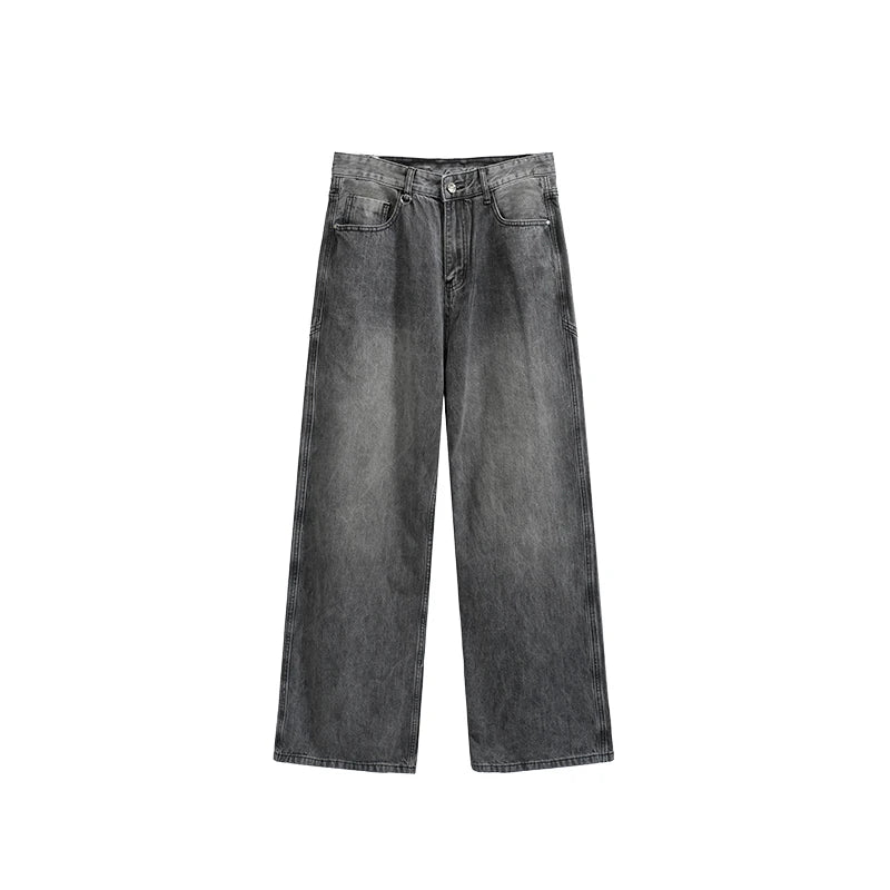 Unisex Retro Washed Jeans Stretch Straight Leg Denim Trousers