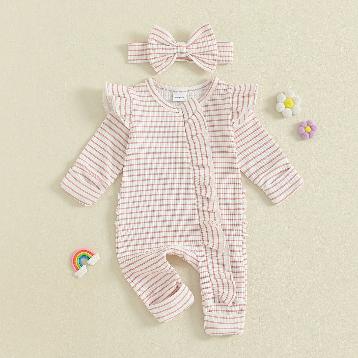 Newborn Baby 2-Piece Romper Outfit Set - Striped Jumpsuit with Headband