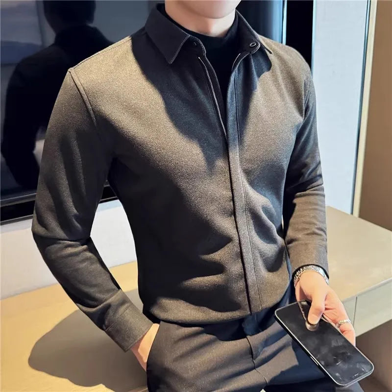 Men's Winter Thick Woolen Zipper Solid Color Turn Down Collar Warm Casual Shirt