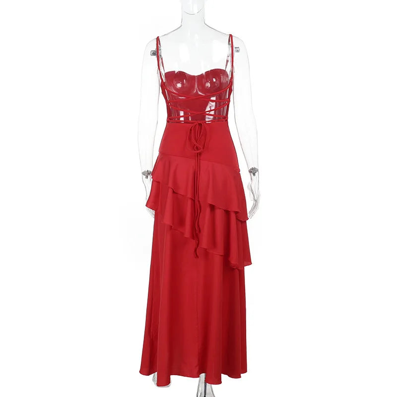 Women's Red Ruffled Slip Maxi Dress - Backless Summer Vacation Dress