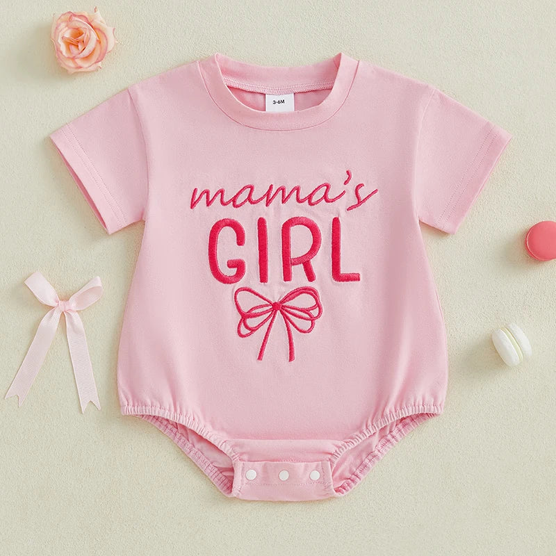 0-18M Baby Girls Summer Romper Short Sleeve Bow Letter Embroidery Bodysuit Babygrow Jumpsuit