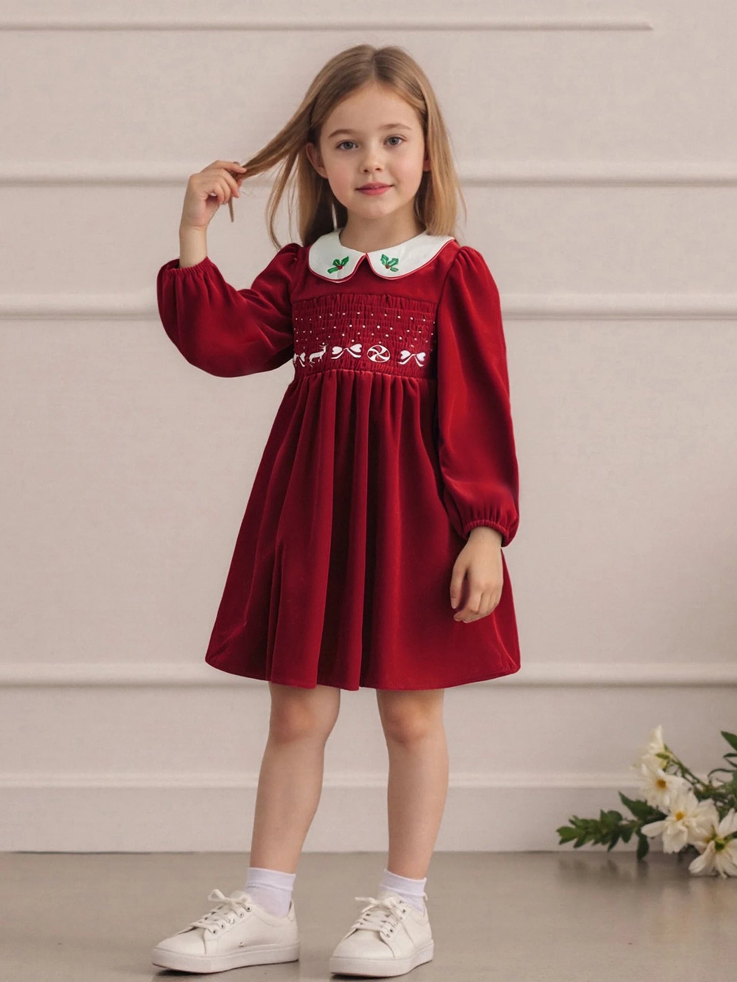 Little Girl's Velvet Christmas Dress - Deer Bow Holly Embroidered Smocked A-Line