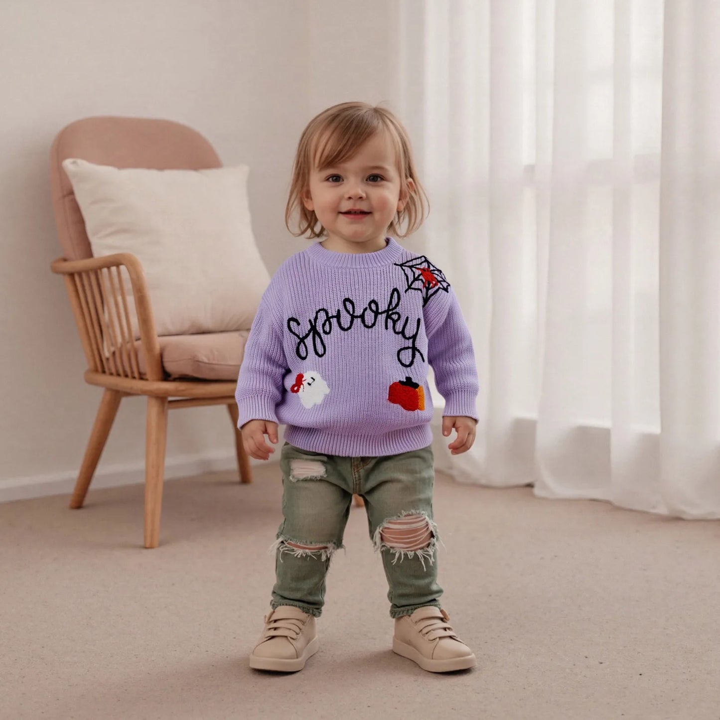 Baby Halloween Knit Sweater - Letter Ghost Pumpkin Spider Web Embroidery
