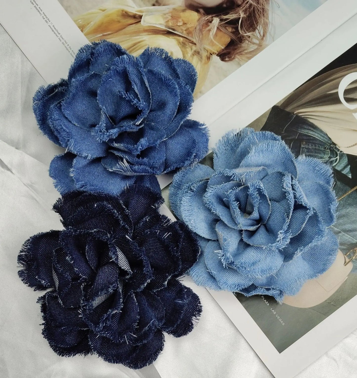 Handmade Denim Rose Flower Brooch - 15cm Fashion Corsage Lapel Pin