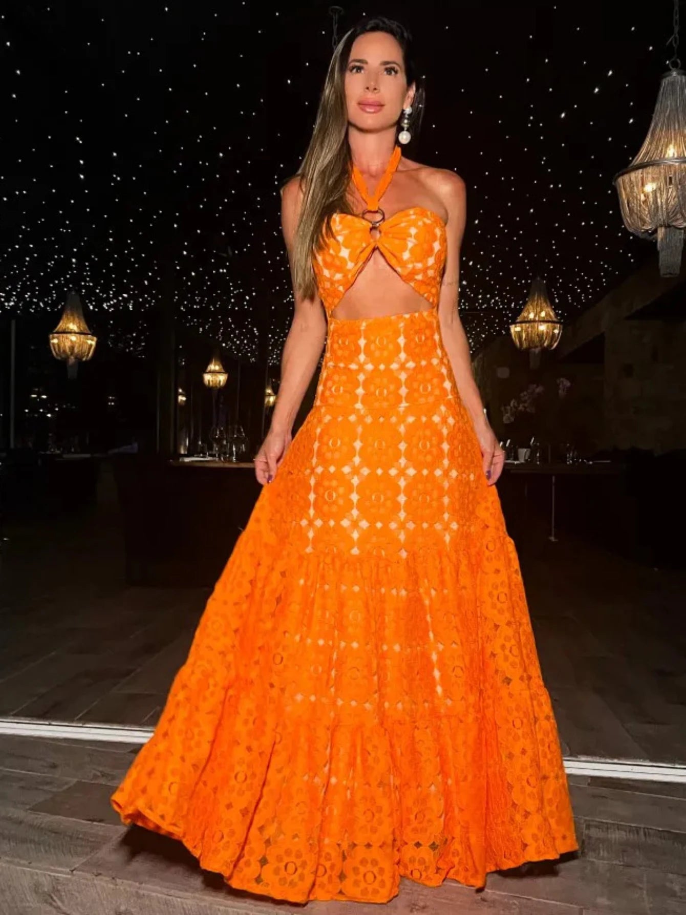 Women's Summer Hollow Lace  Halter Strapless Sleeveless Naked Waist Long Chic Dress