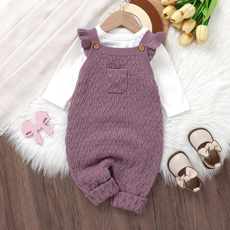 Baby Autumn Romper - Solid Ruffles Fly Sleeve Knit Jumpsuit Overalls Sweater