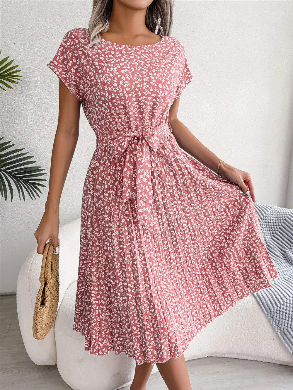 Women's Floral Pleated A Line Long Spring Summer Short Sleeve High Waist Chic Dress