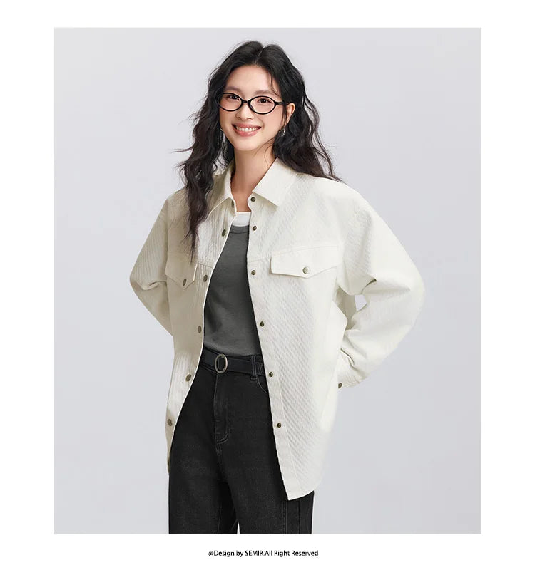 Women's Long Sleeve Diamond Pattern Cotton Shirt - Mid-Length Oversize Top