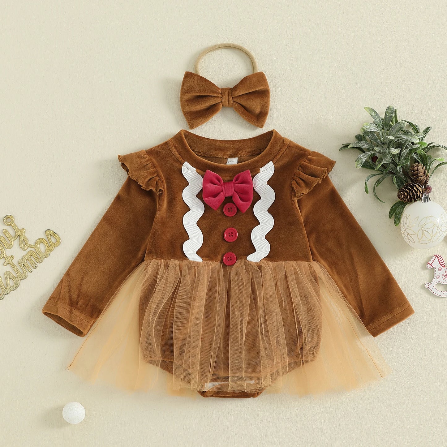 Baby Girls Christmas Gingerbread Man Romper Dress with Bow Headband (0-18M)