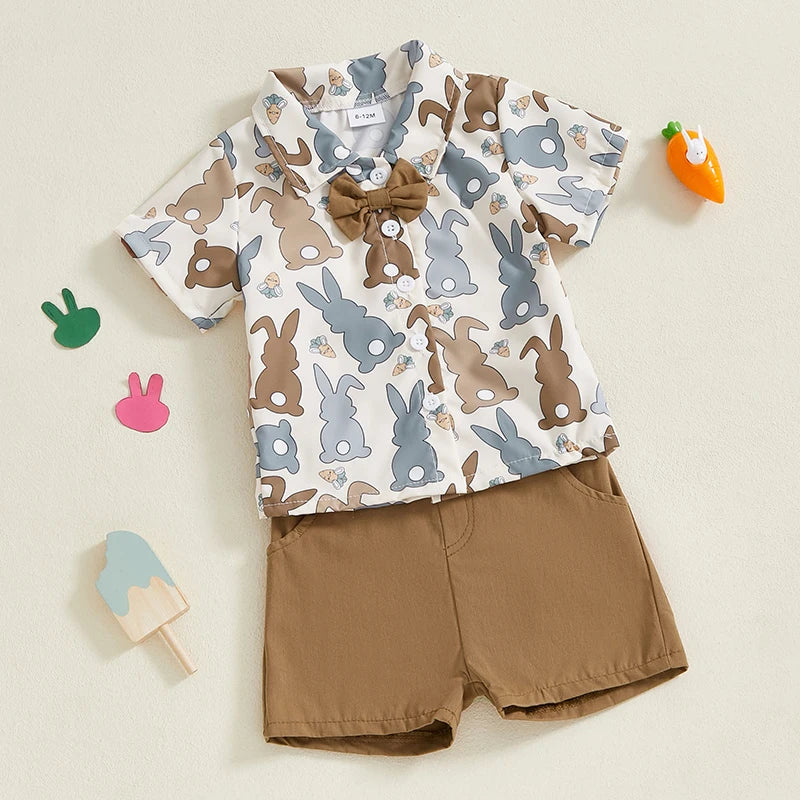 0-4Y Kids Boys Easter Gentleman Clothes Set Bunny Print Short Sleeve Button-up Bow Tie Shirt Elastic Shorts