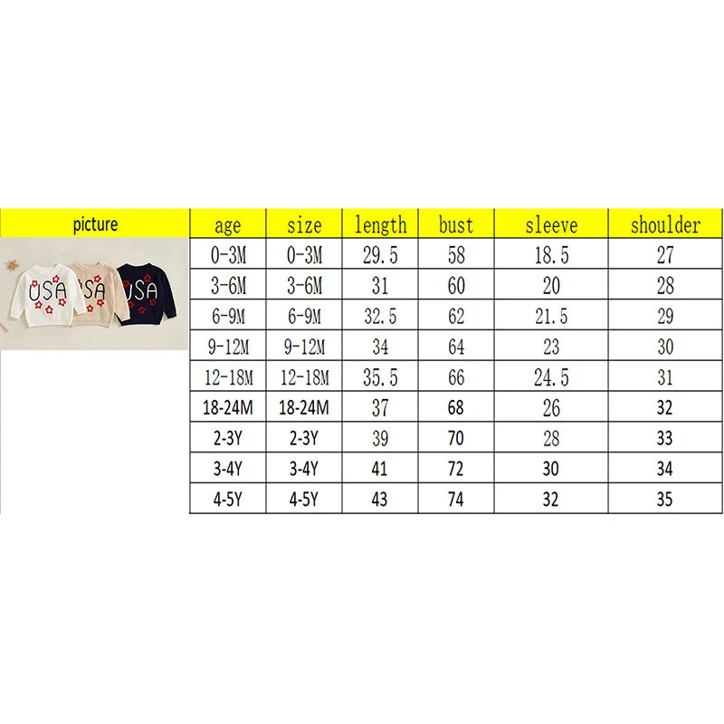 0-5Y USA Kids Boys Girls Sweater Letter Star Embroidery Long Sleeve Crew Neck Knitted Pullover Tops