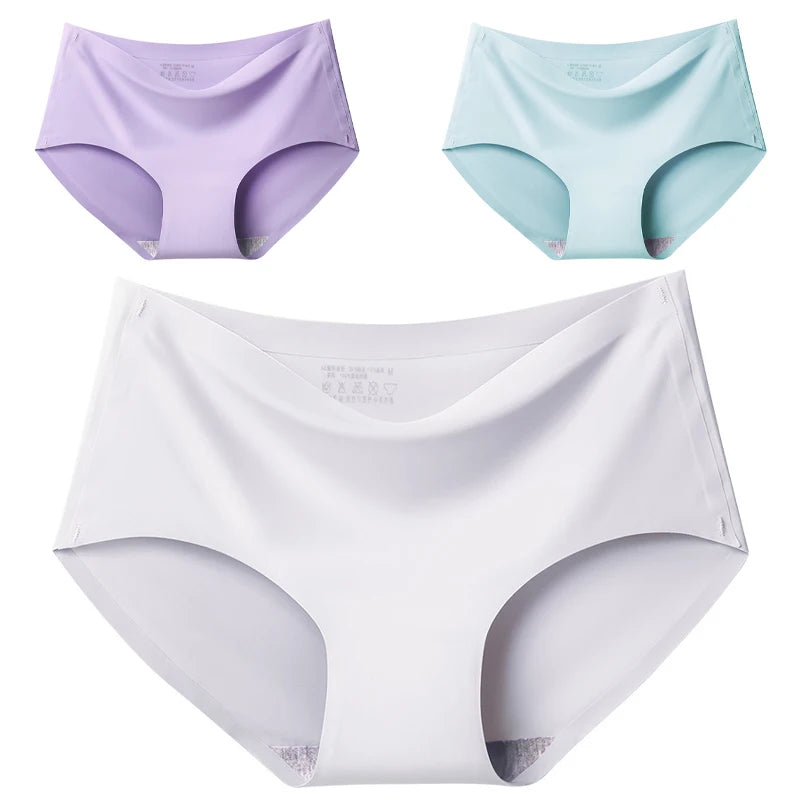 Women's 3Pcs Seamless Ice Silk Underwear Invisible Comfort Briefs Mid-waist Panties Breathable Lingerie