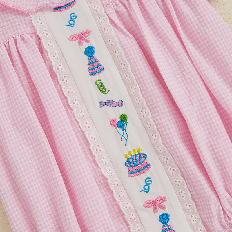 Baby Girls Birthday Romper with Cake Embroidery - Plaid Doll Collar Jumpsuit (0-24M)