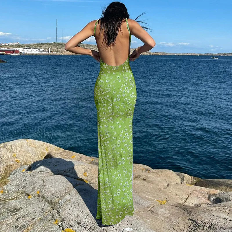 Women's Cottagecore Fairy Floral Backless Maxi Party Club Slip Sun Dress