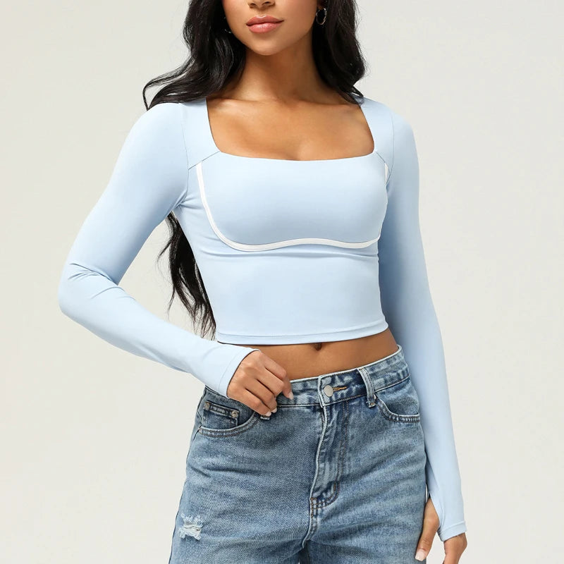 Women's Long Sleeve Yoga T-Shirt Square Neckline Gym Top Breathable Workout Running Crop Top Sportswear